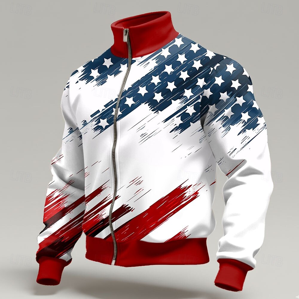 Men's American Flag Brushstroke Print Full-Zip Track Jacket, Patriotic Red White Blue Stand Collar Casual Jacket