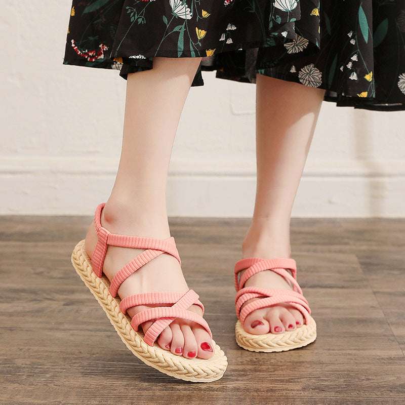 Strappy College Vacation Beach Style Solid Color Flat Sandals, Women Shoes
