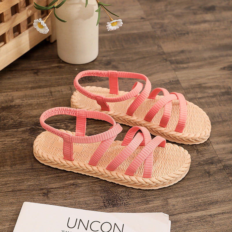 Strappy College Vacation Beach Style Solid Color Flat Sandals, Women Shoes