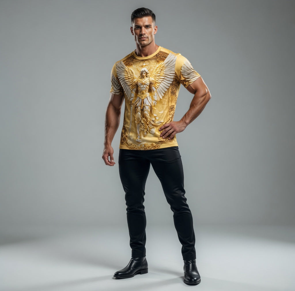 3D Embossed Wing Cross Praying Hands Full Print Men's Short Sleeve Tee Luxury Golden Texture Religious Element Crew Neck Daily Casual T Shirt