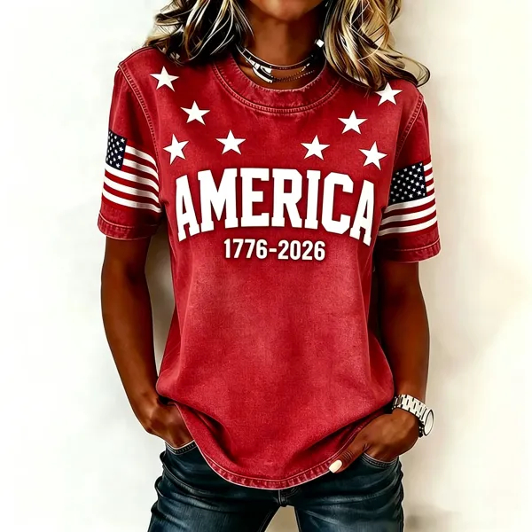 Women Vintage Washed America Star Flag Print Crew Neck Casual Patriotic T-Shirt