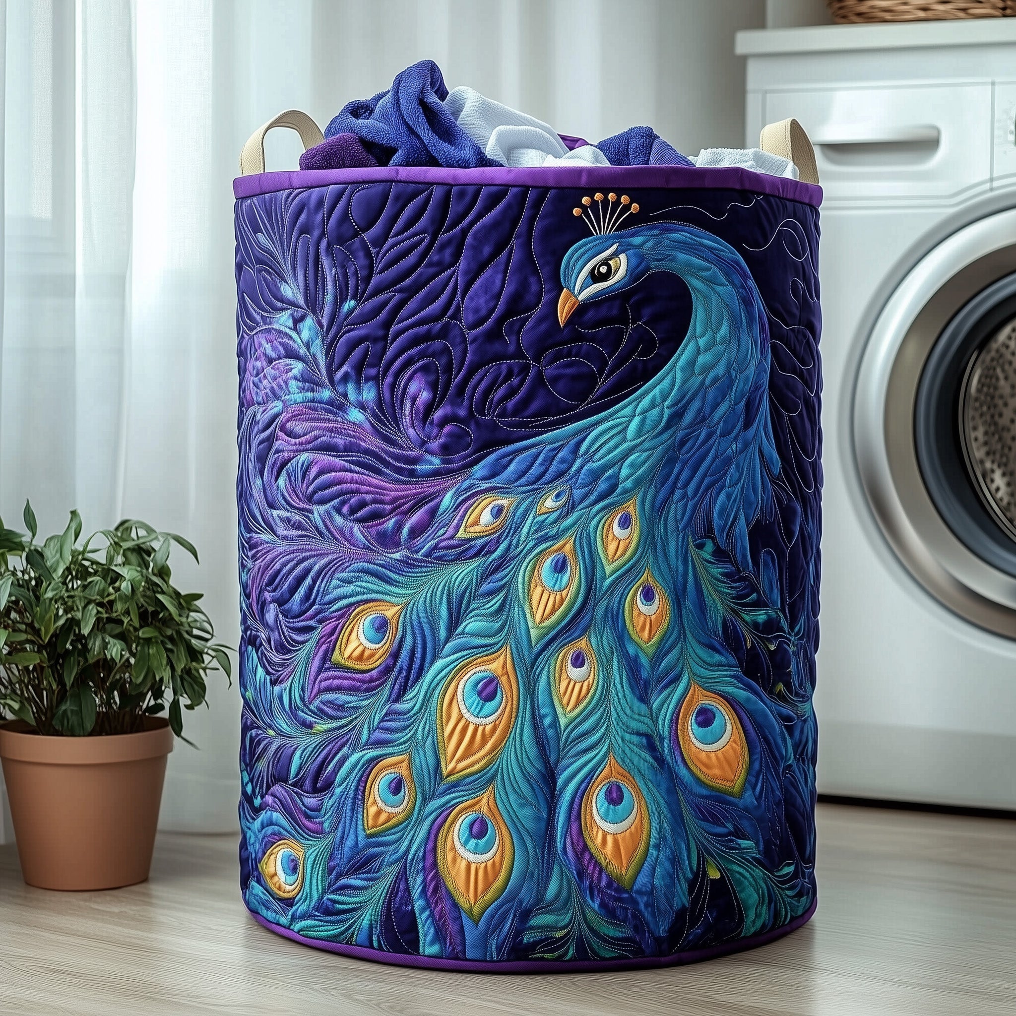 Elegant Peacock Quilted Laundry Basket GFTOHD10173