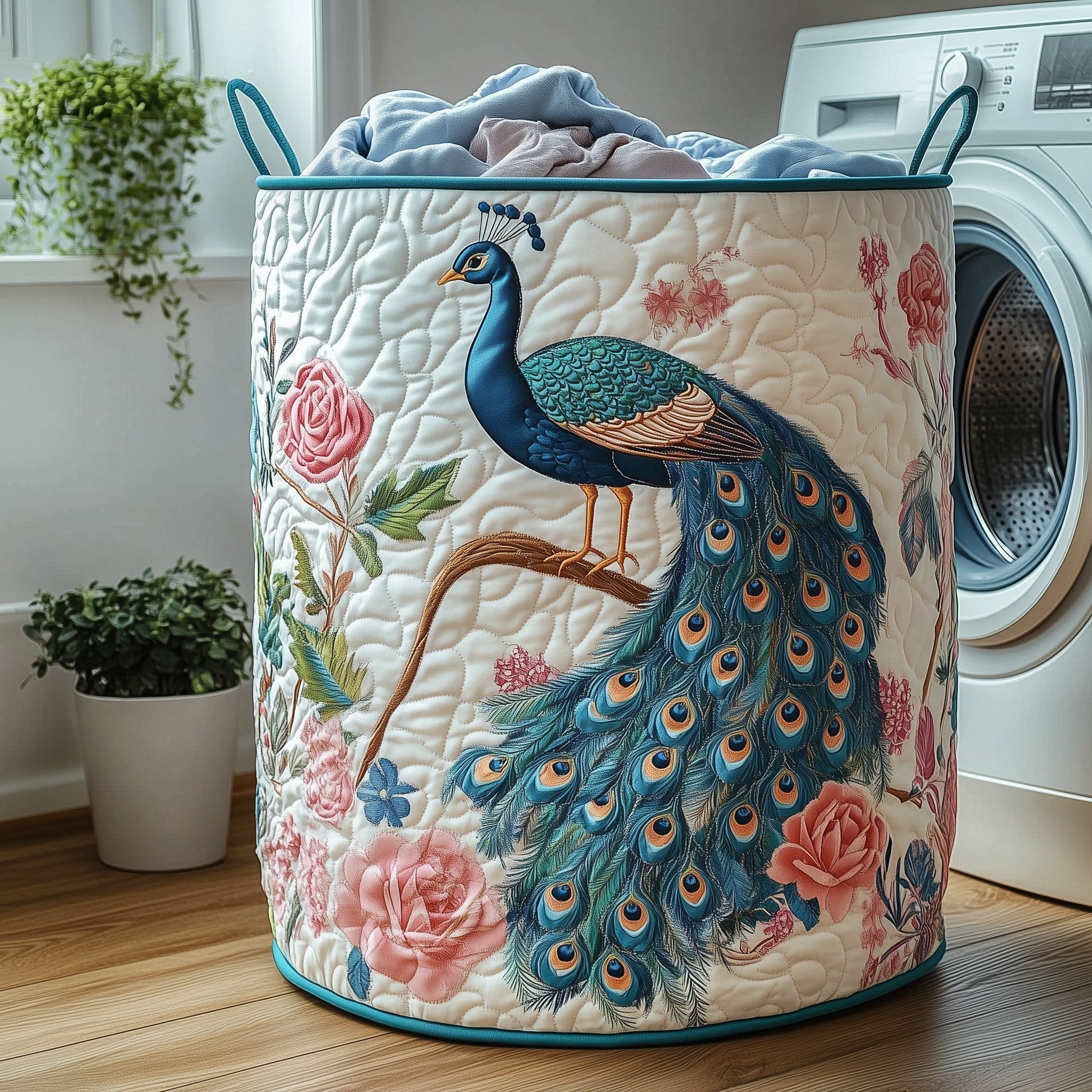 Elegant Peacock Quilted Laundry Basket GFTOHD10182