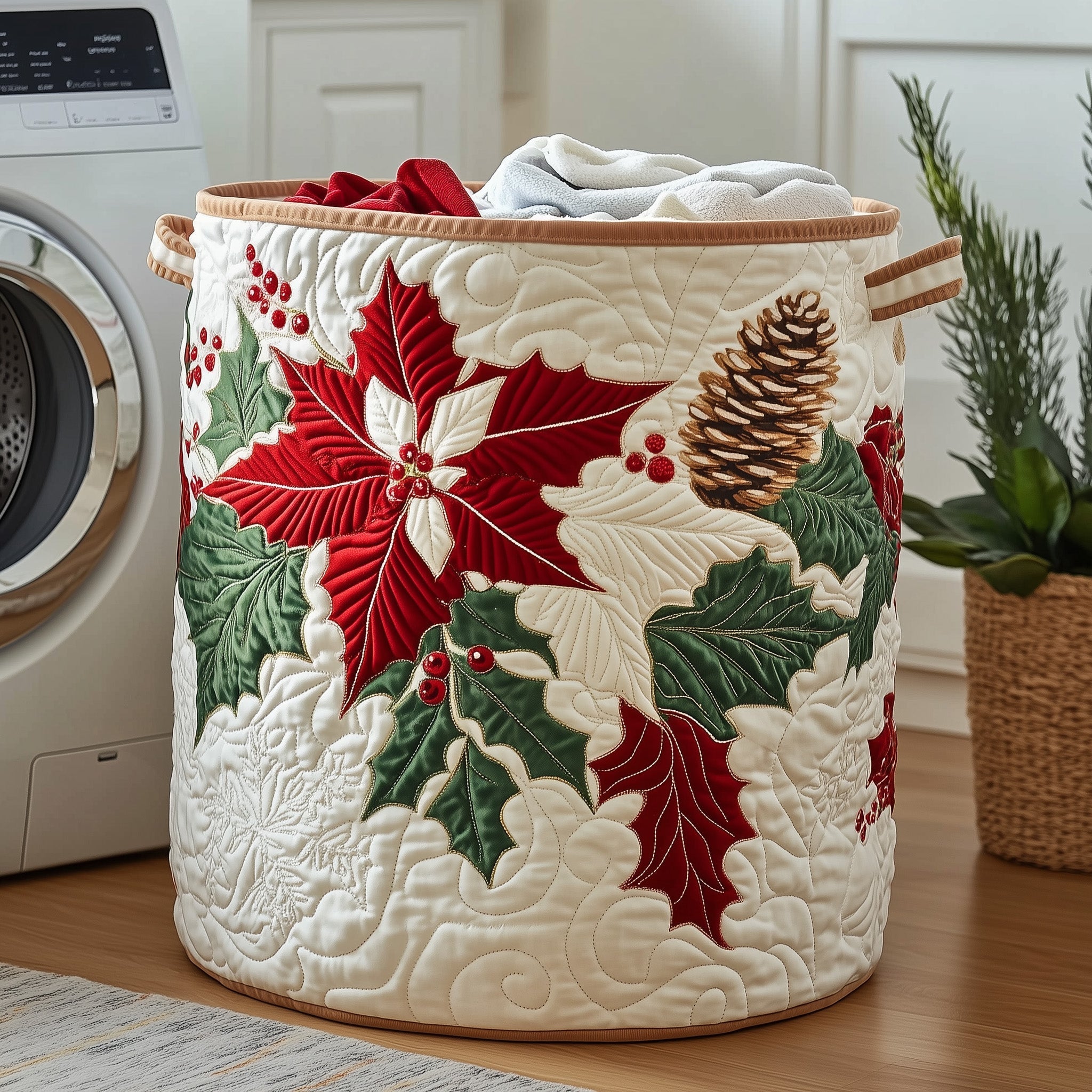 Poinsettia Spirit Quilted Laundry Basket GFTOHD10187