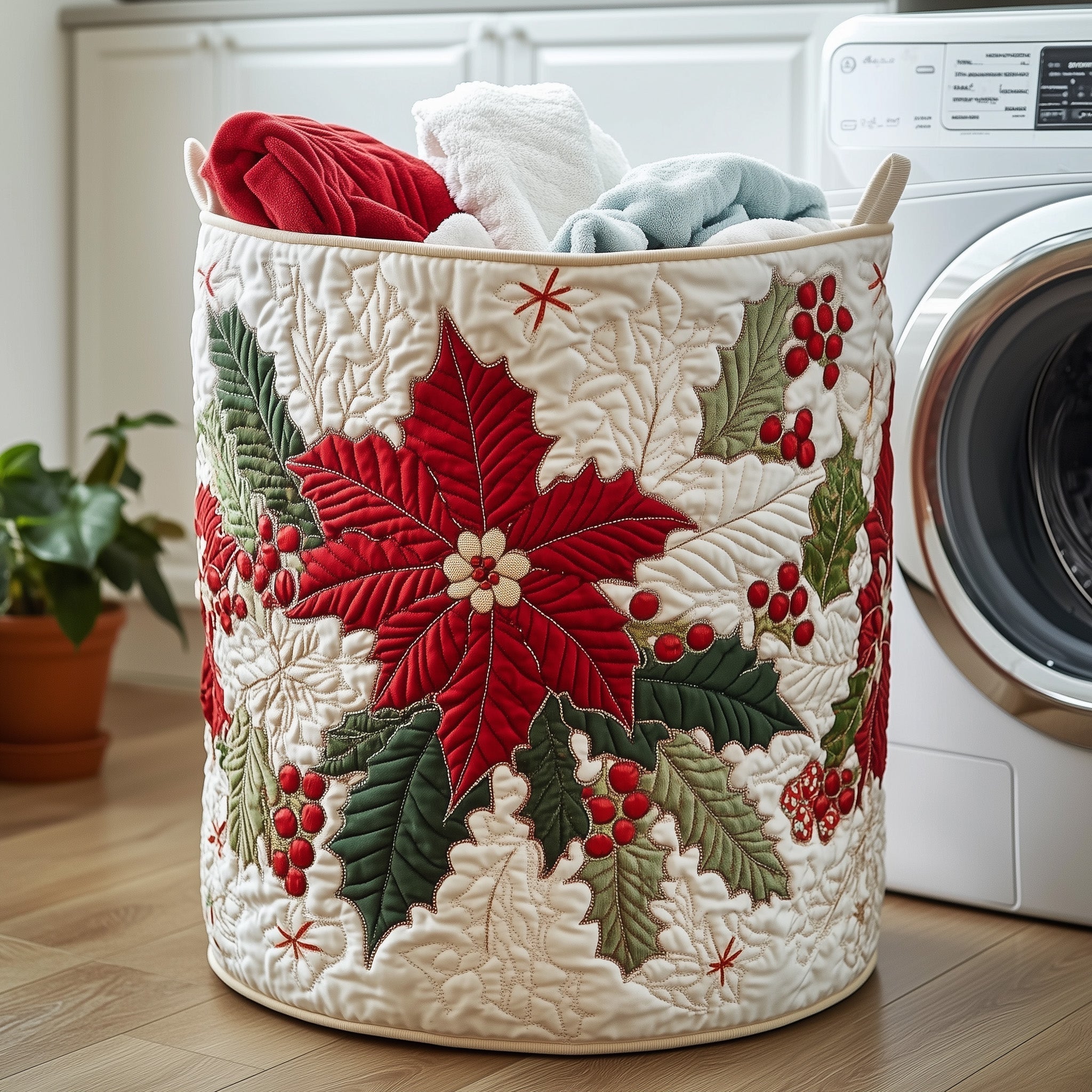 Poinsettia Spirit Quilted Laundry Basket GFTOHD10188