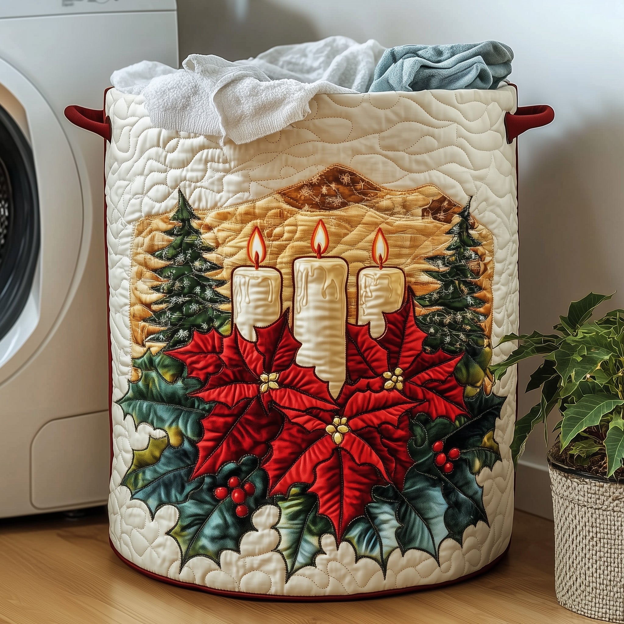 Poinsettia Warmth Quilted Laundry Basket GFTOHD10194