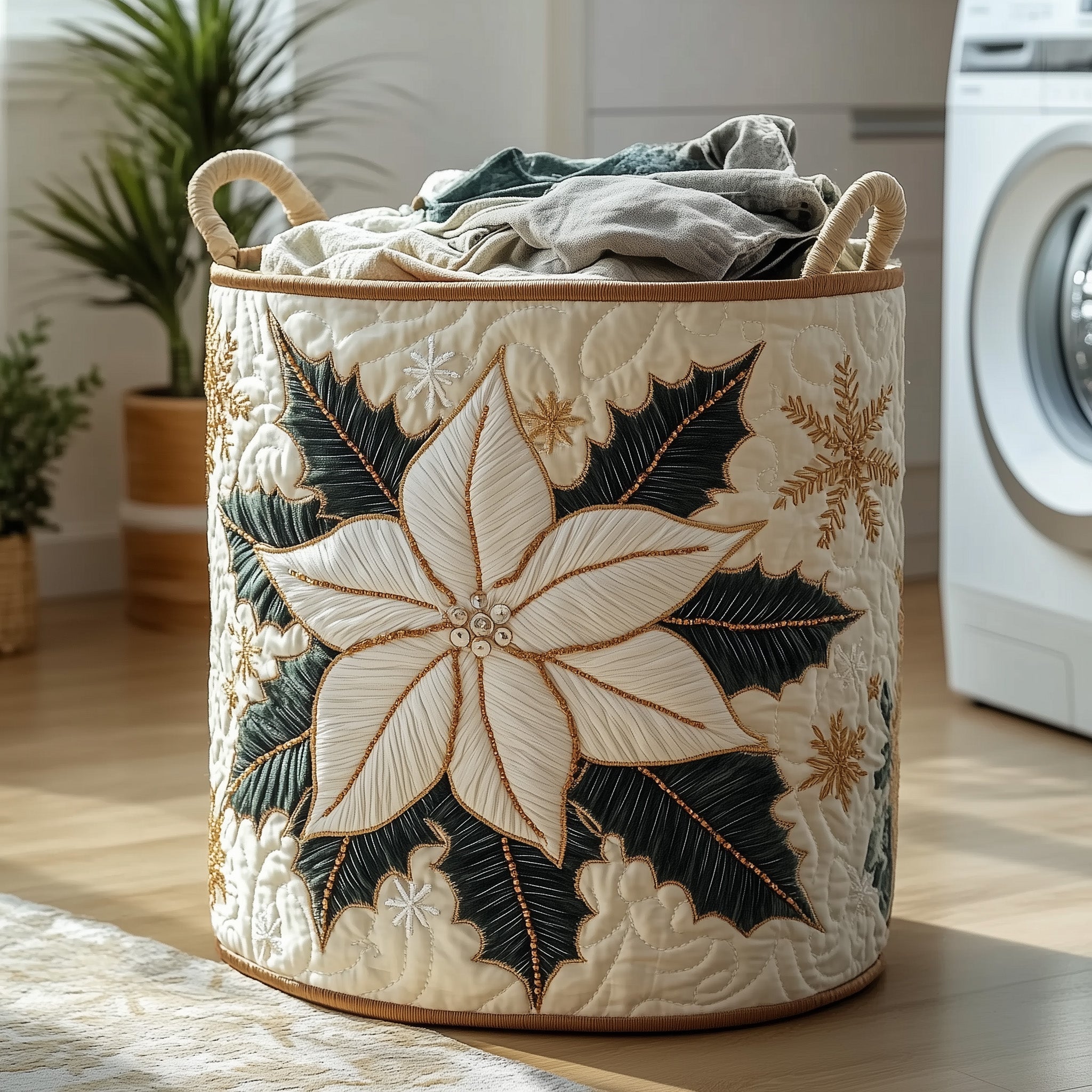 Elegant Poinsettia Quilted Laundry Basket GFTOHD10195