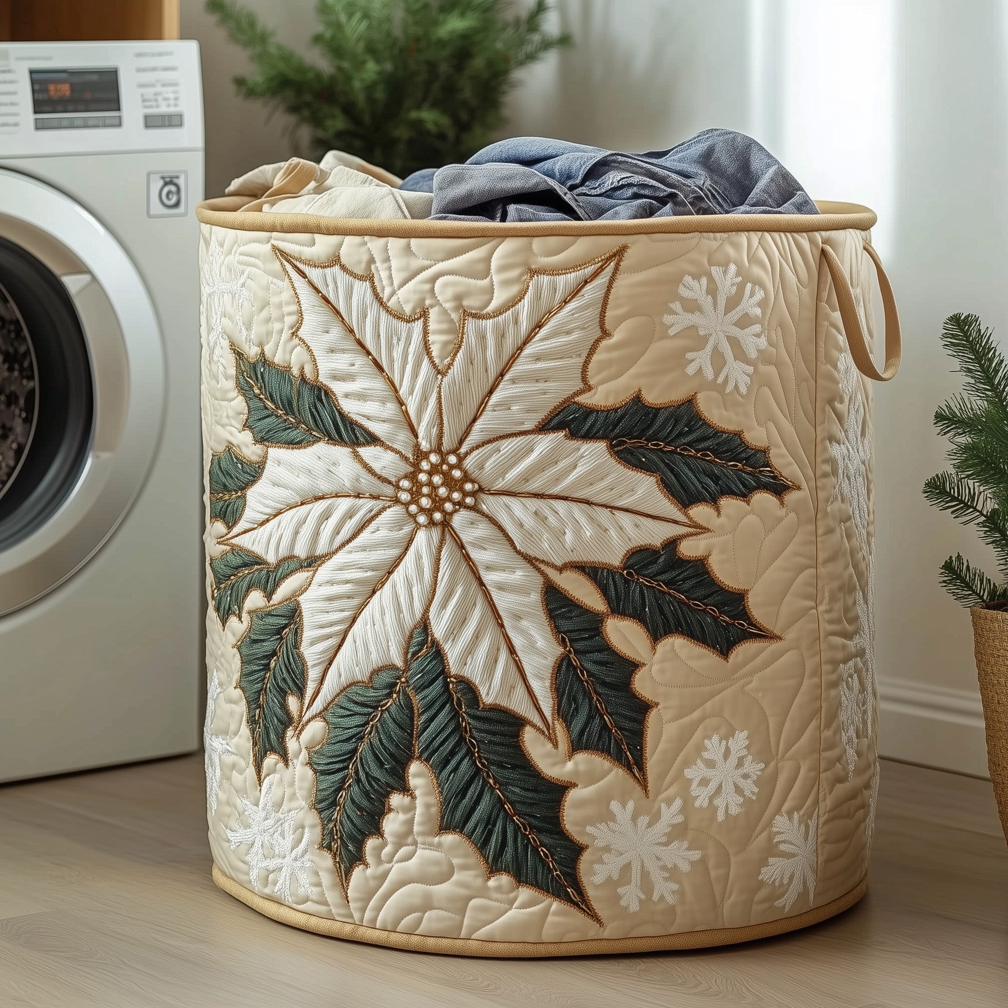 Elegant Poinsettia Quilted Laundry Basket GFTOHD10196
