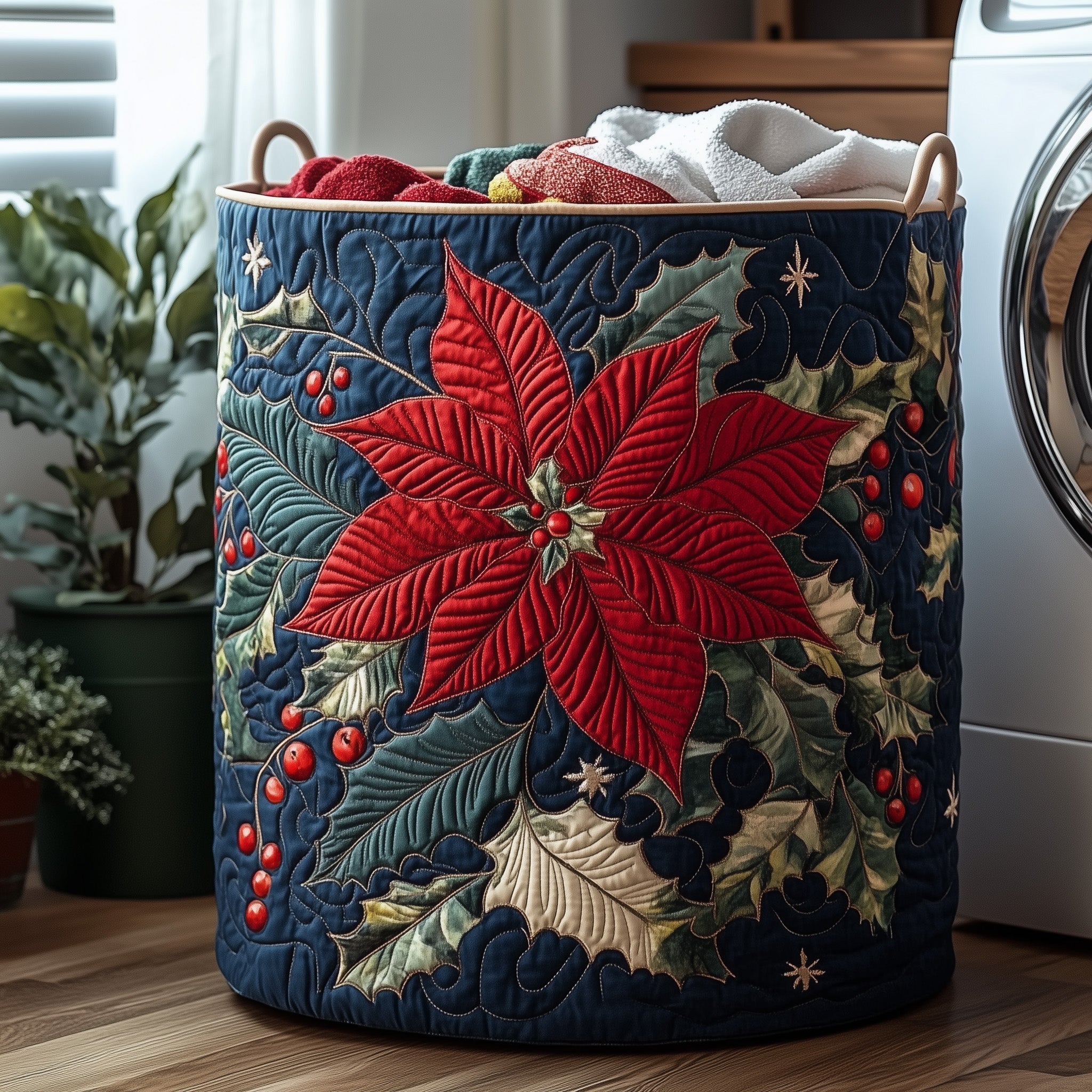 Poinsettia Bloom Quilted Laundry Basket GFTOHD10197