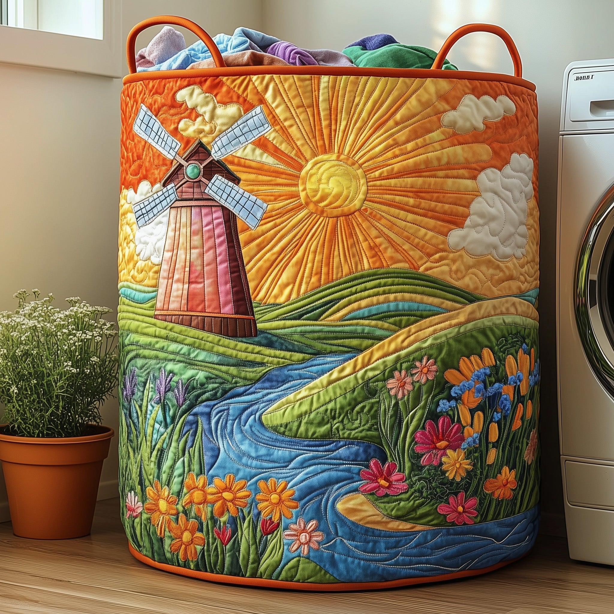 Windmill Landscape Quilted Laundry Basket GFTOHD10267