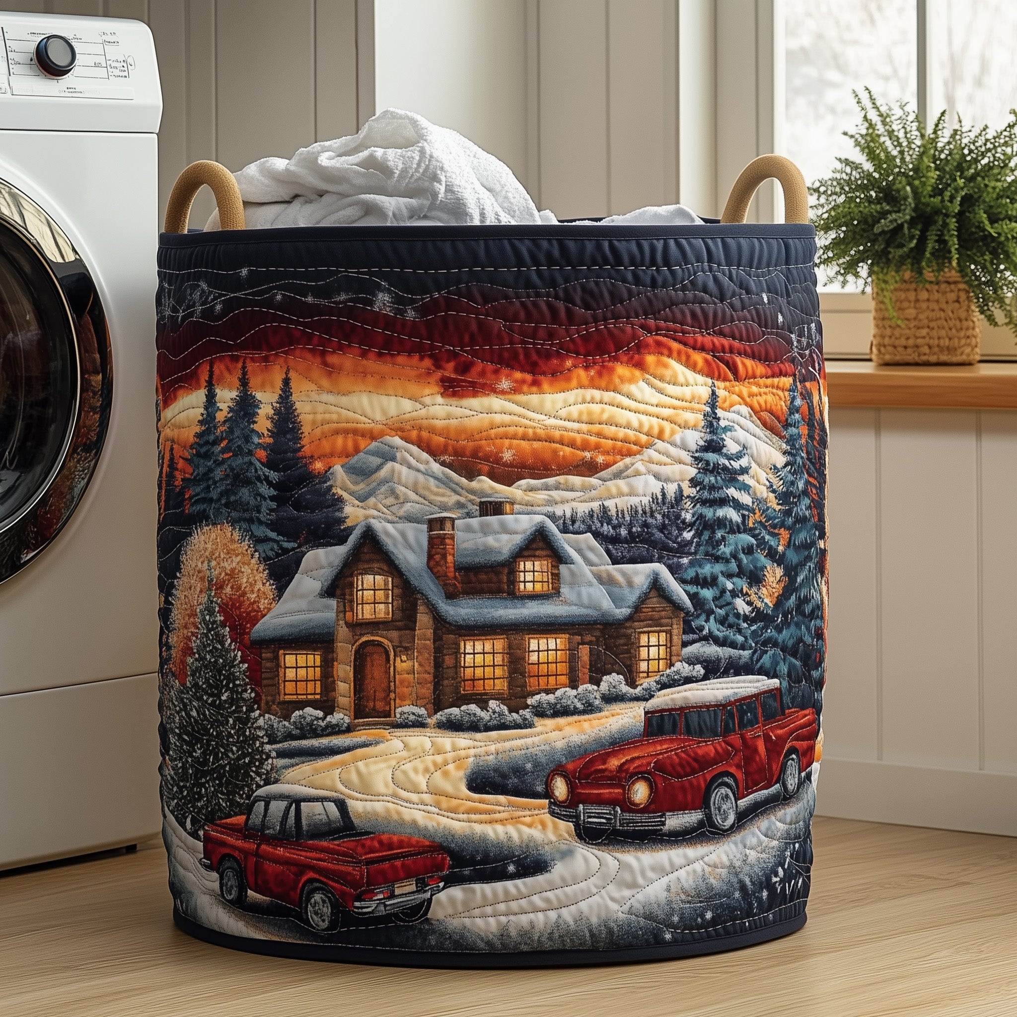 Peaceful Snow Cabin Quilted Laundry Basket GFTOHD10324