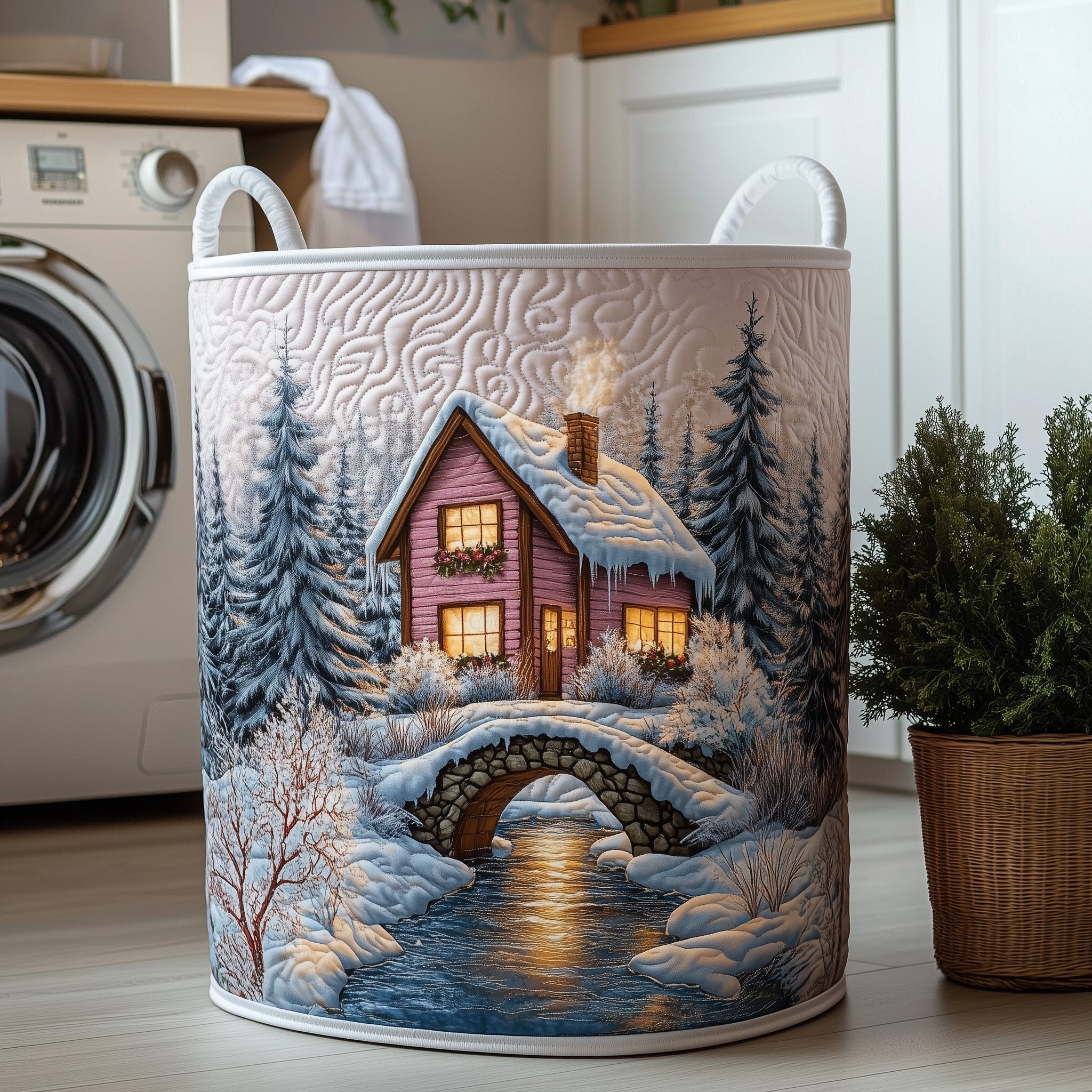 Peaceful Snow Cabin Quilted Laundry Basket GFTOHD10326