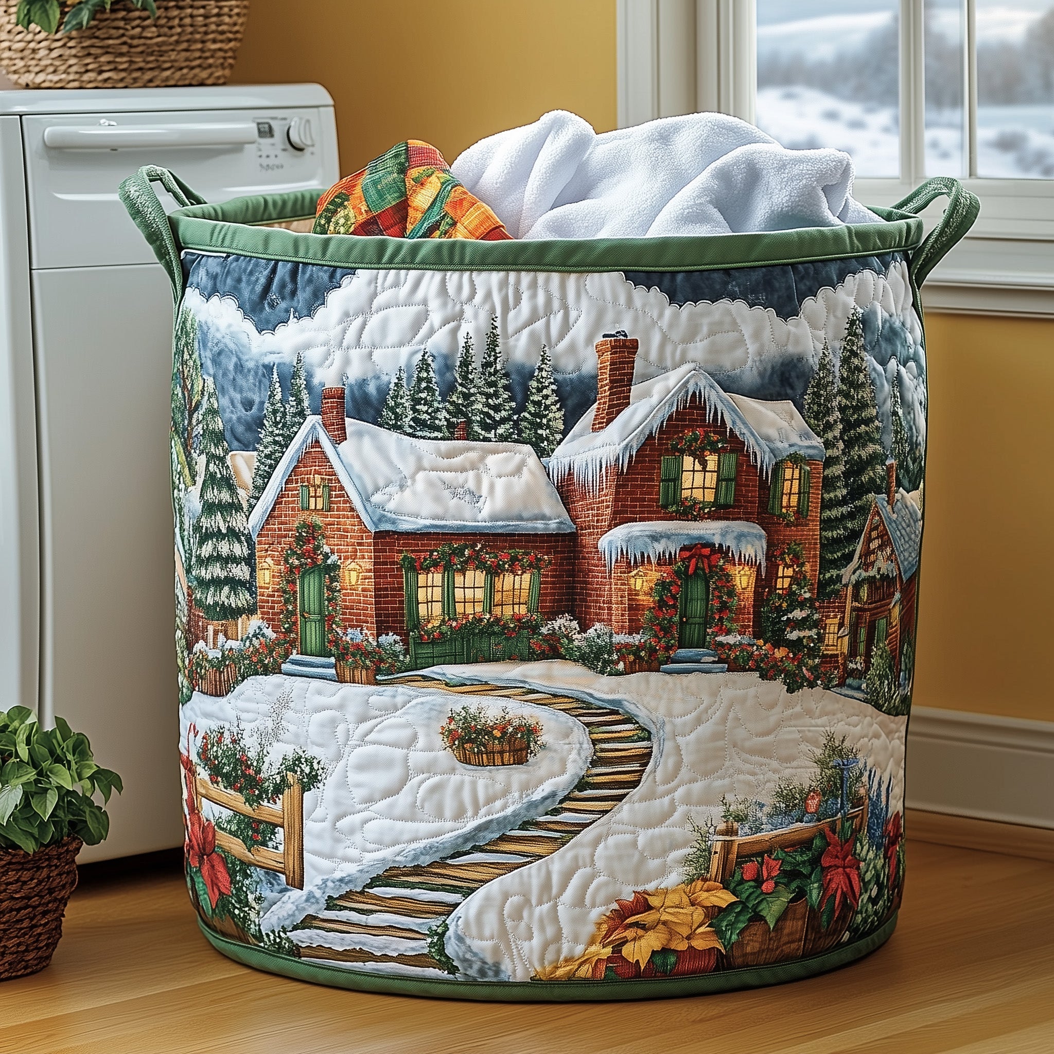 Peaceful Snow Cabin Quilted Laundry Basket GFTOHD10329