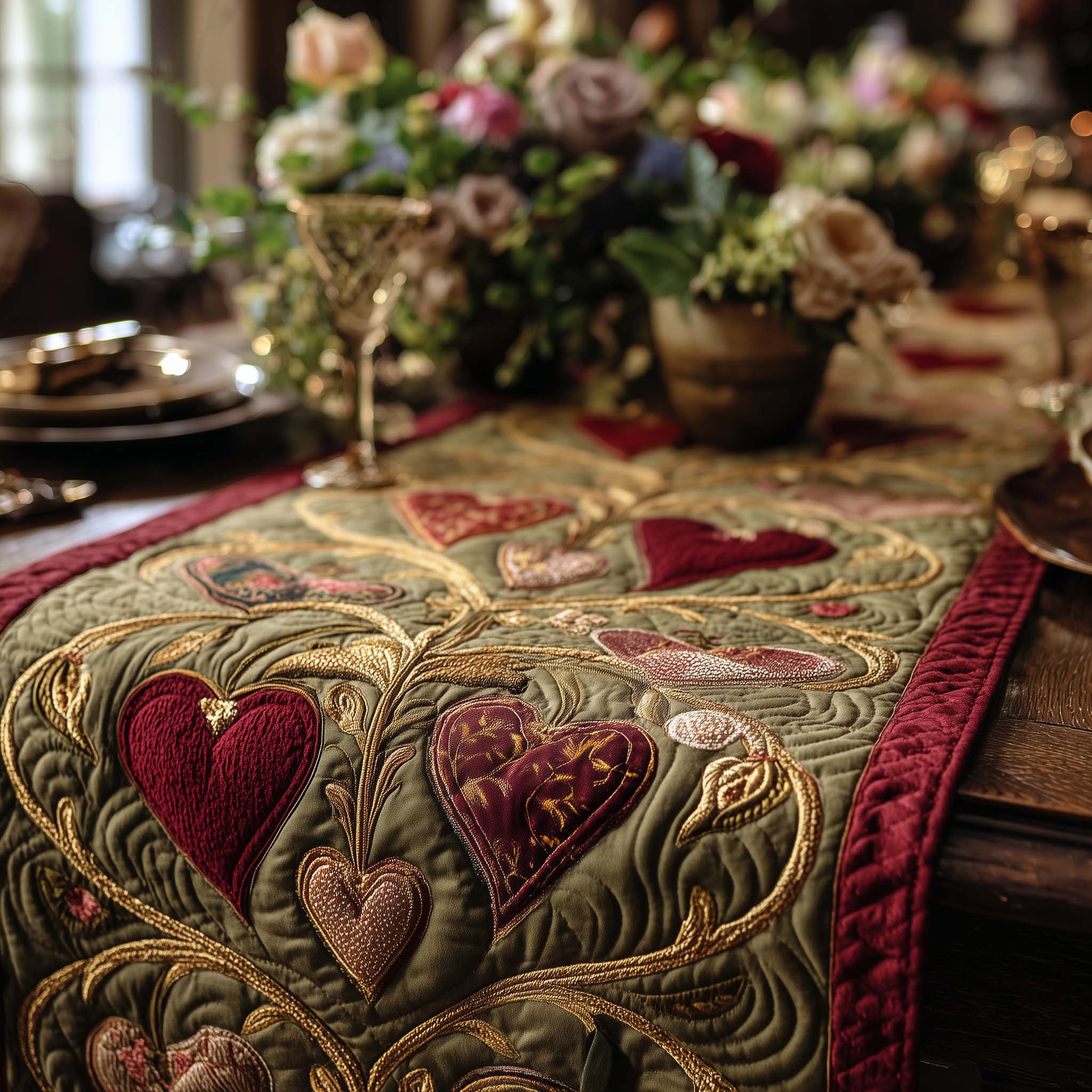 Autumn Heart Elegance Quilted Table Runner GFTOHD13276