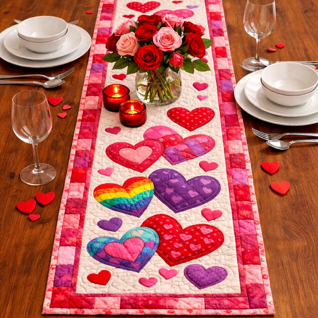 Rainbow Heart Parade Quilted Table Runner GFTOHD13374