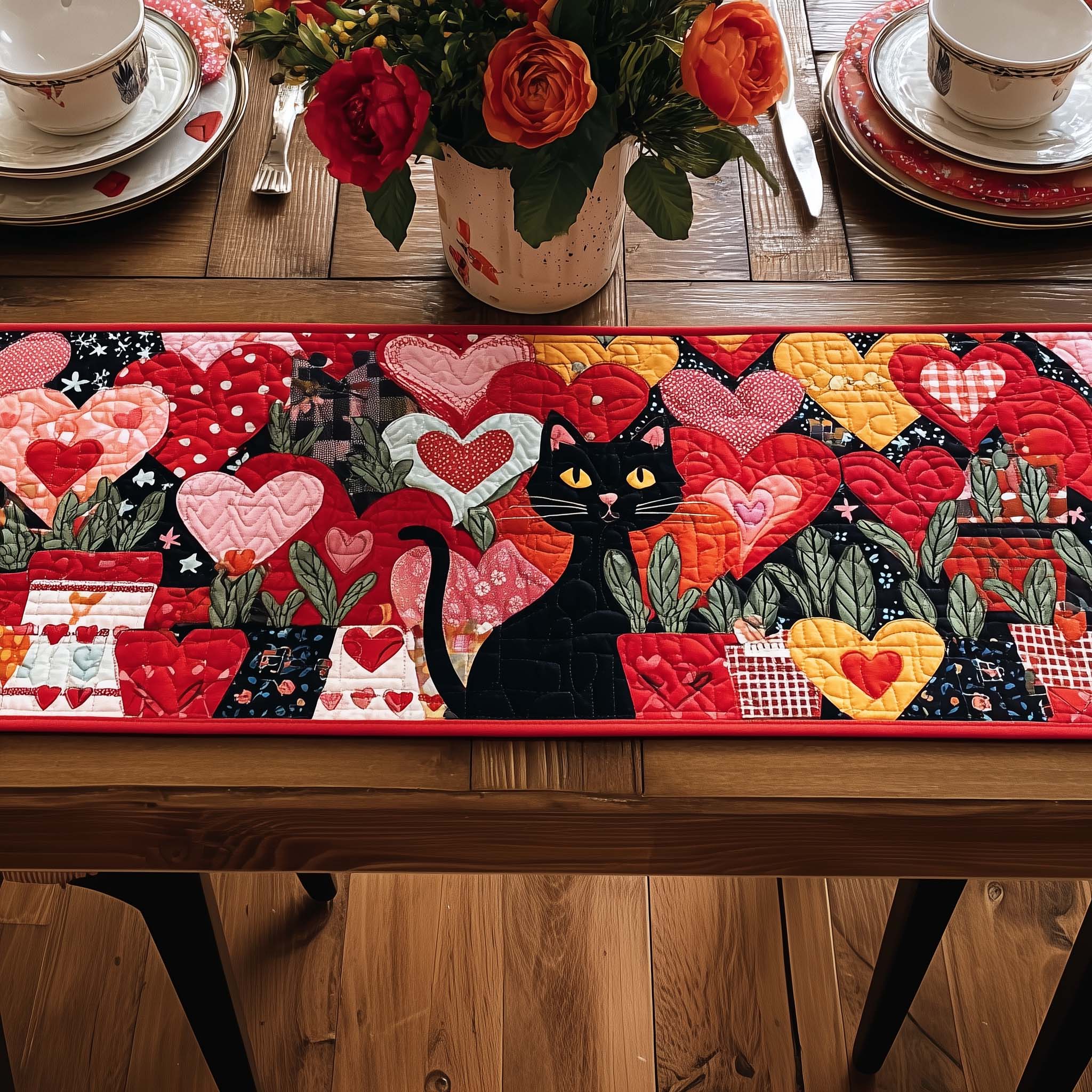 Valentine Cat Garden Quilted Table Runner GFTOHD13375