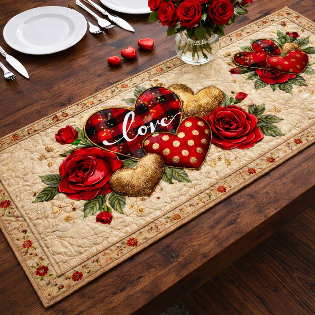 Golden Rose Love Quilted Table Runner GFTOHD13377