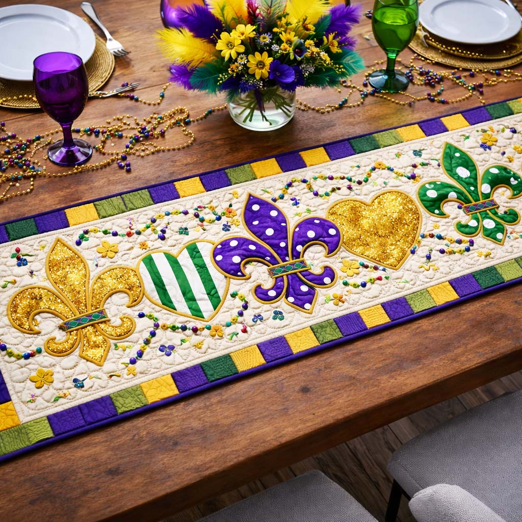 Mardi Gras Hearts Quilted Table Runner GFTOHD13397