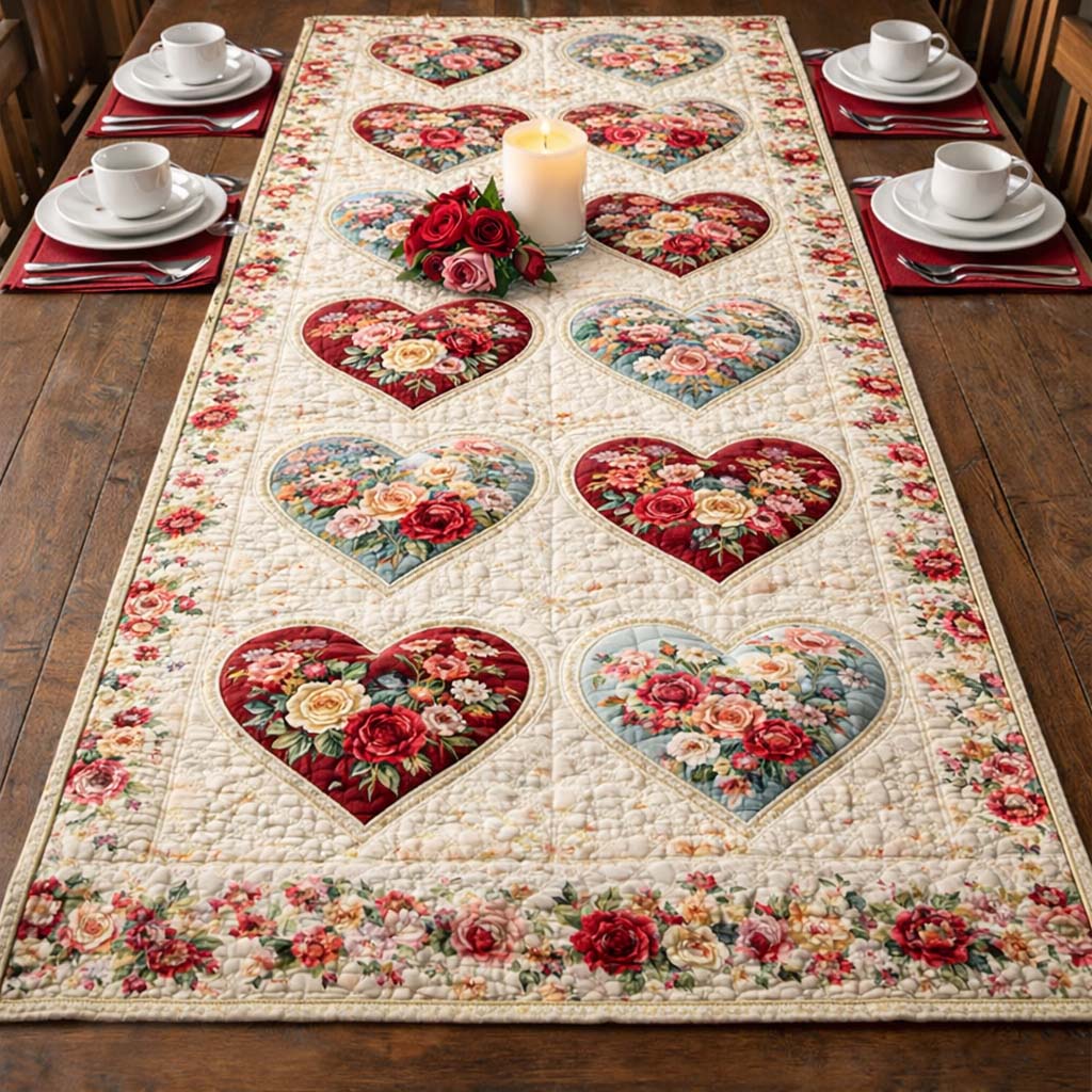 Vintage Rose Hearts Quilted Table Runner GFTOHD13424
