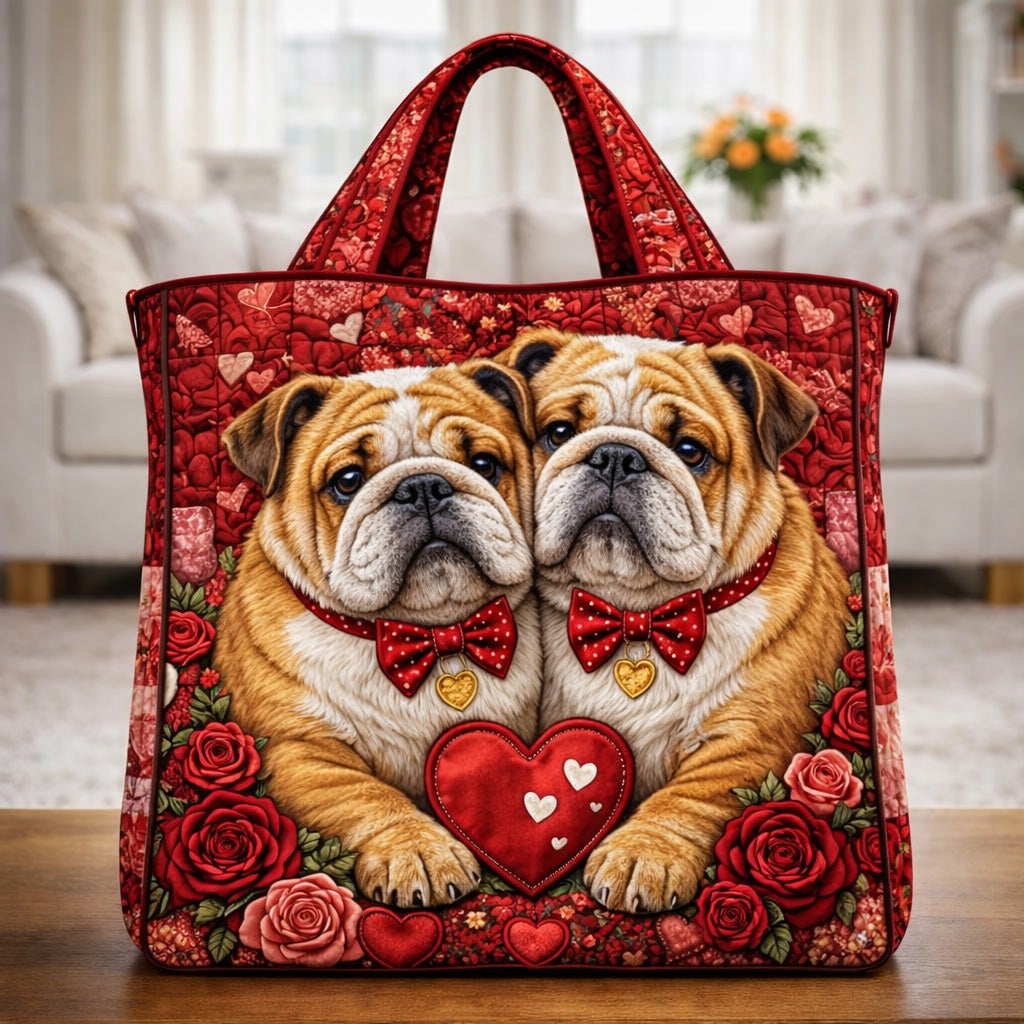Valentine Bulldog Pair Quilted Tote Bag GFTOHD13696