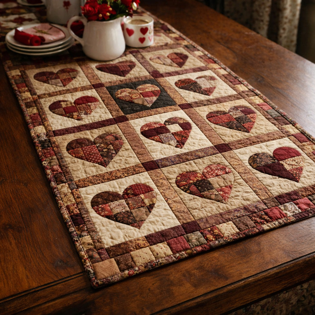 Rustic Patchwork Hearts Quilted Table Runner GFTOHD13780