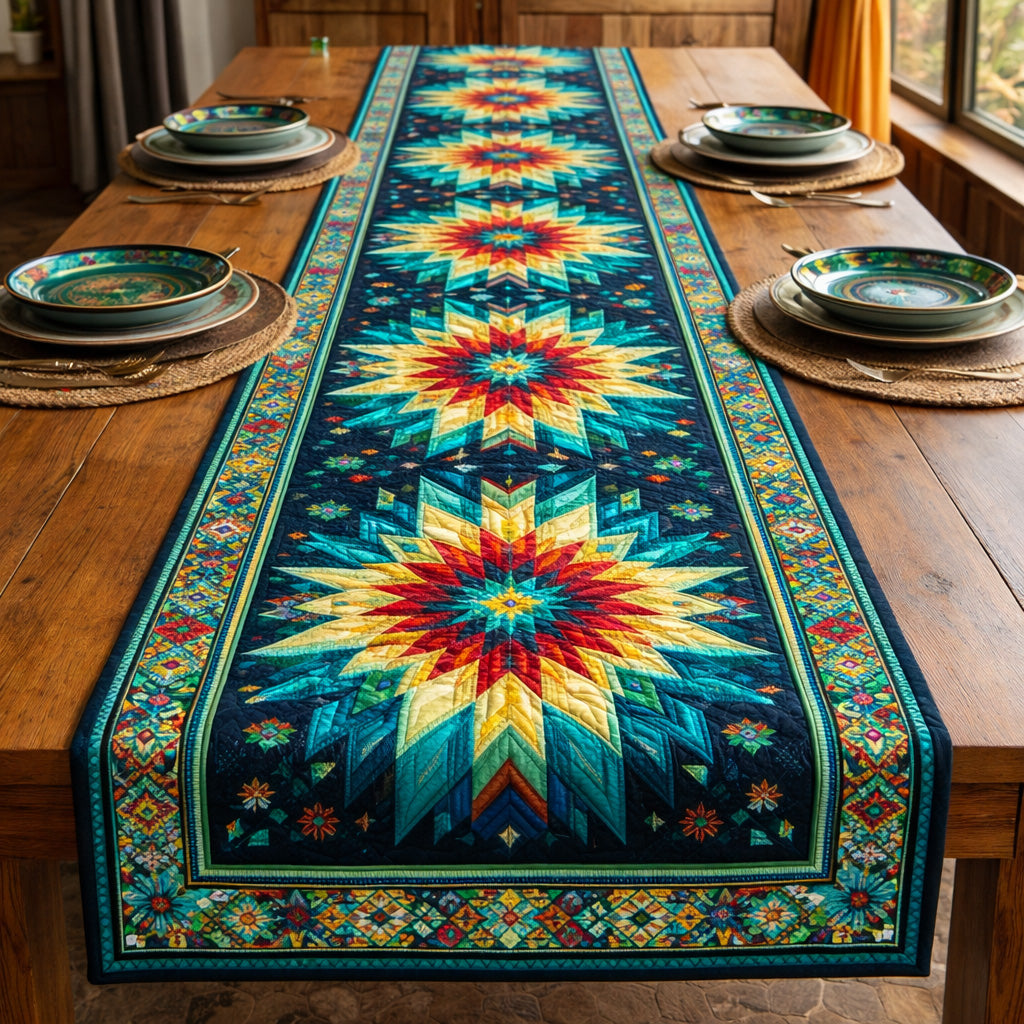 Turquoise Star Weave Quilted Table Runner GFTOHD13835