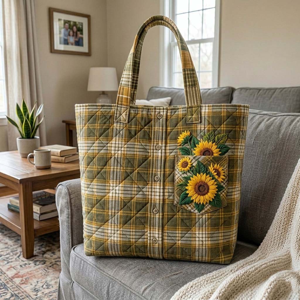 Sunflower Plaid Shirt Quilted Tote Bag GFTOHD14995