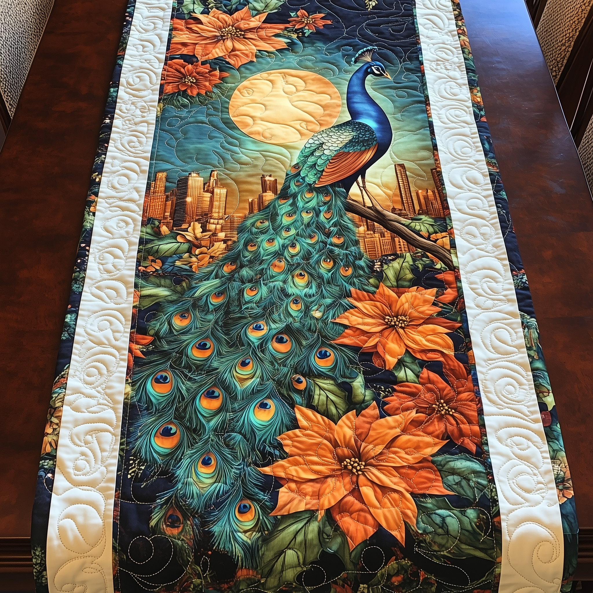 Moonlight Peacock Blossom Quilted Table Runner GFTOHD431