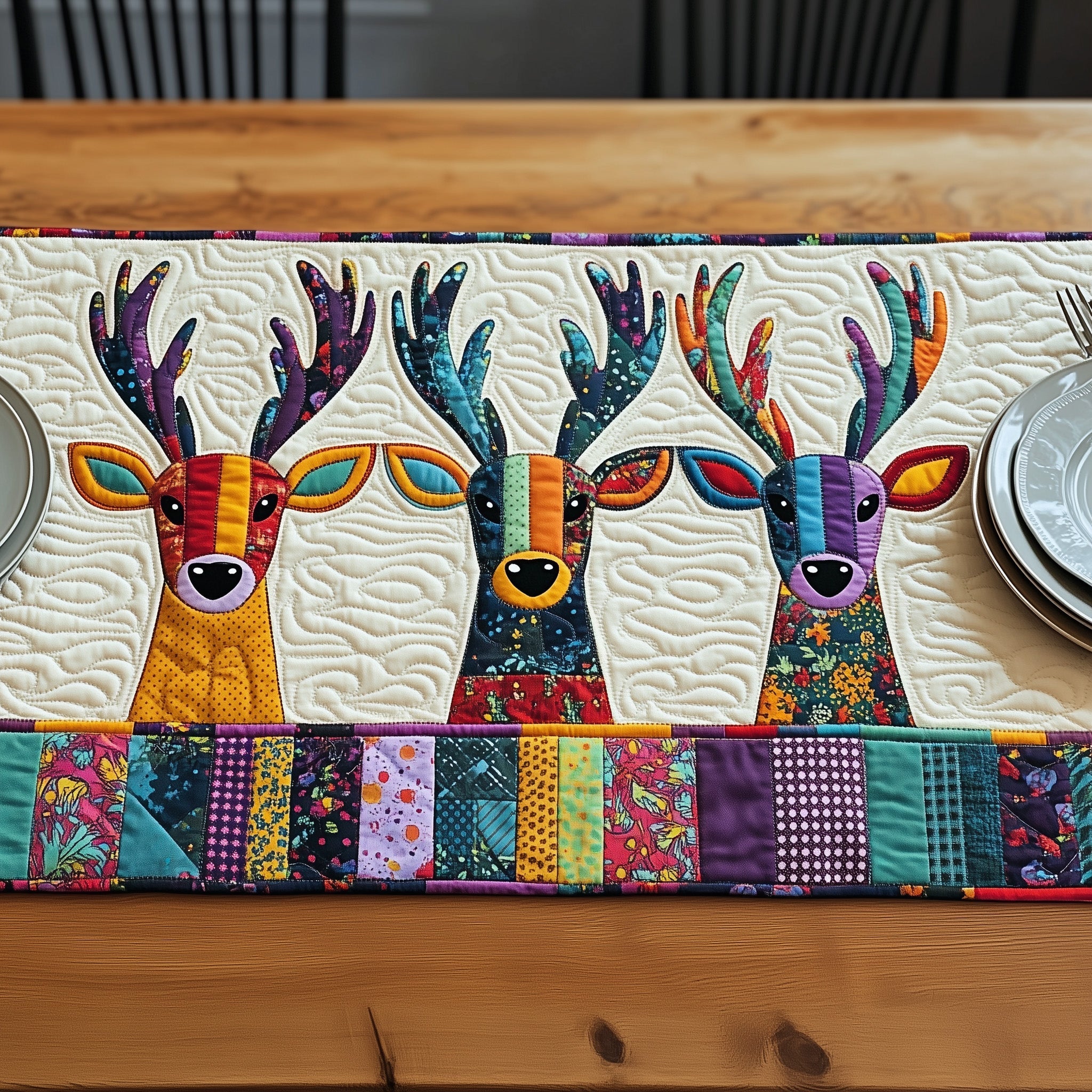 Vibrant Deer Patchwork Quilted Table Runner GFTOHD6487