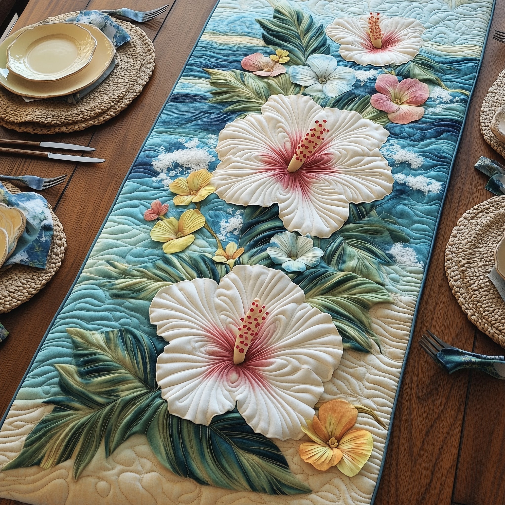 Coastal Hibiscus Paradise Quilted Table Runner GFTOHD6913