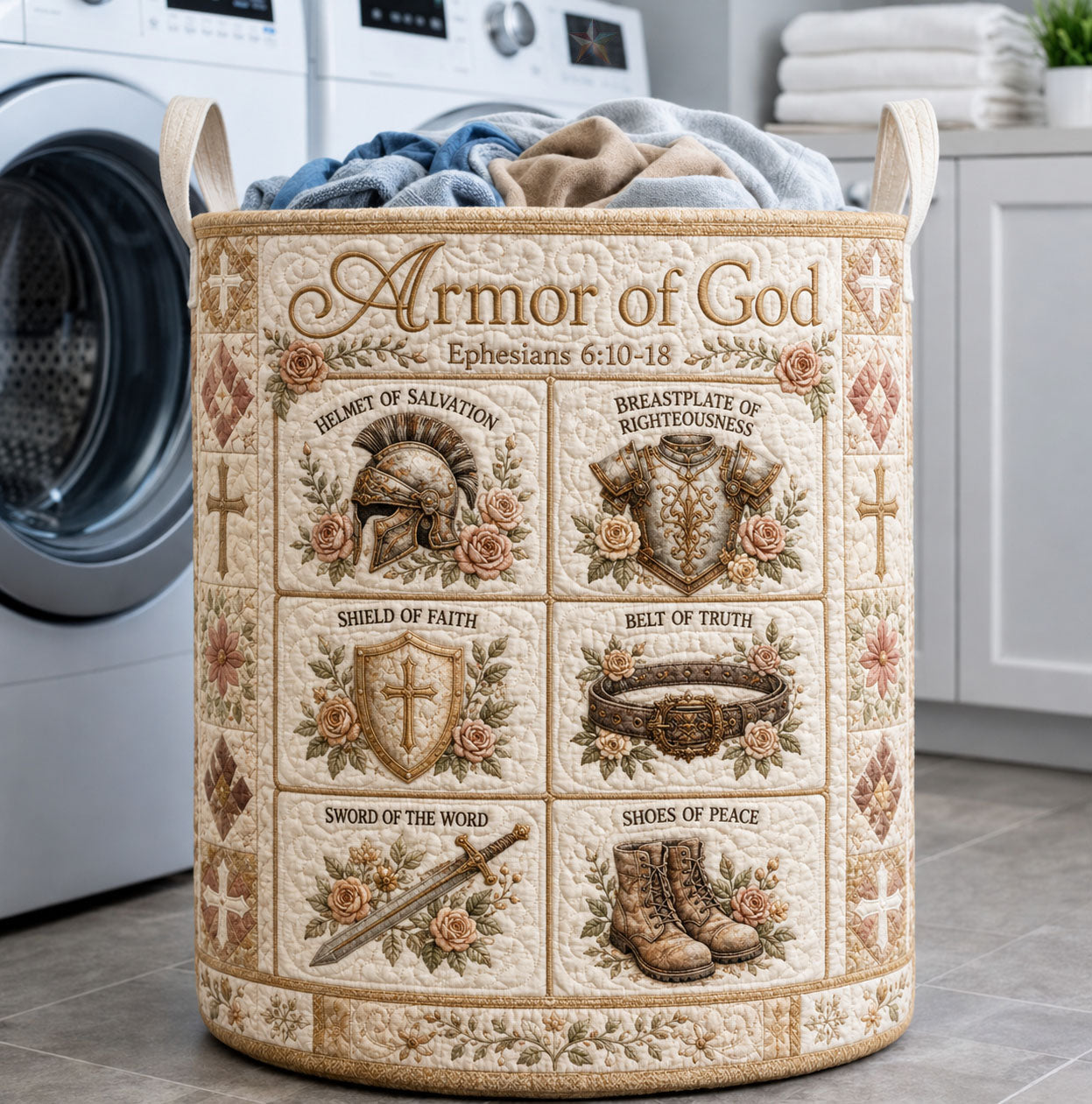 Vintage Rose Armor Of God Quilted Laundry Basket GFTOHNL1041