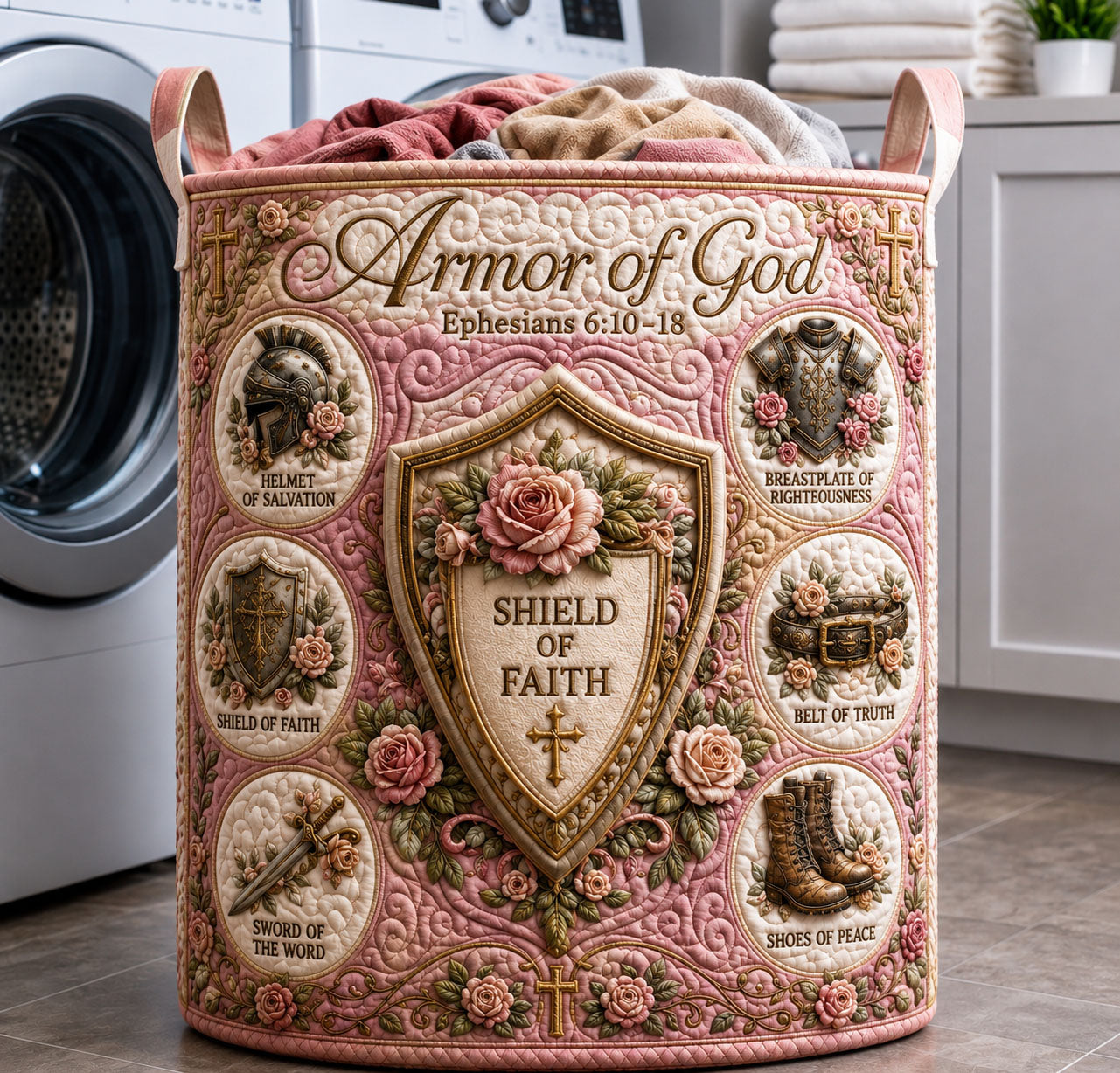Shield Of Faith Floral Armor Quilted Laundry Basket GFTOHNL1042