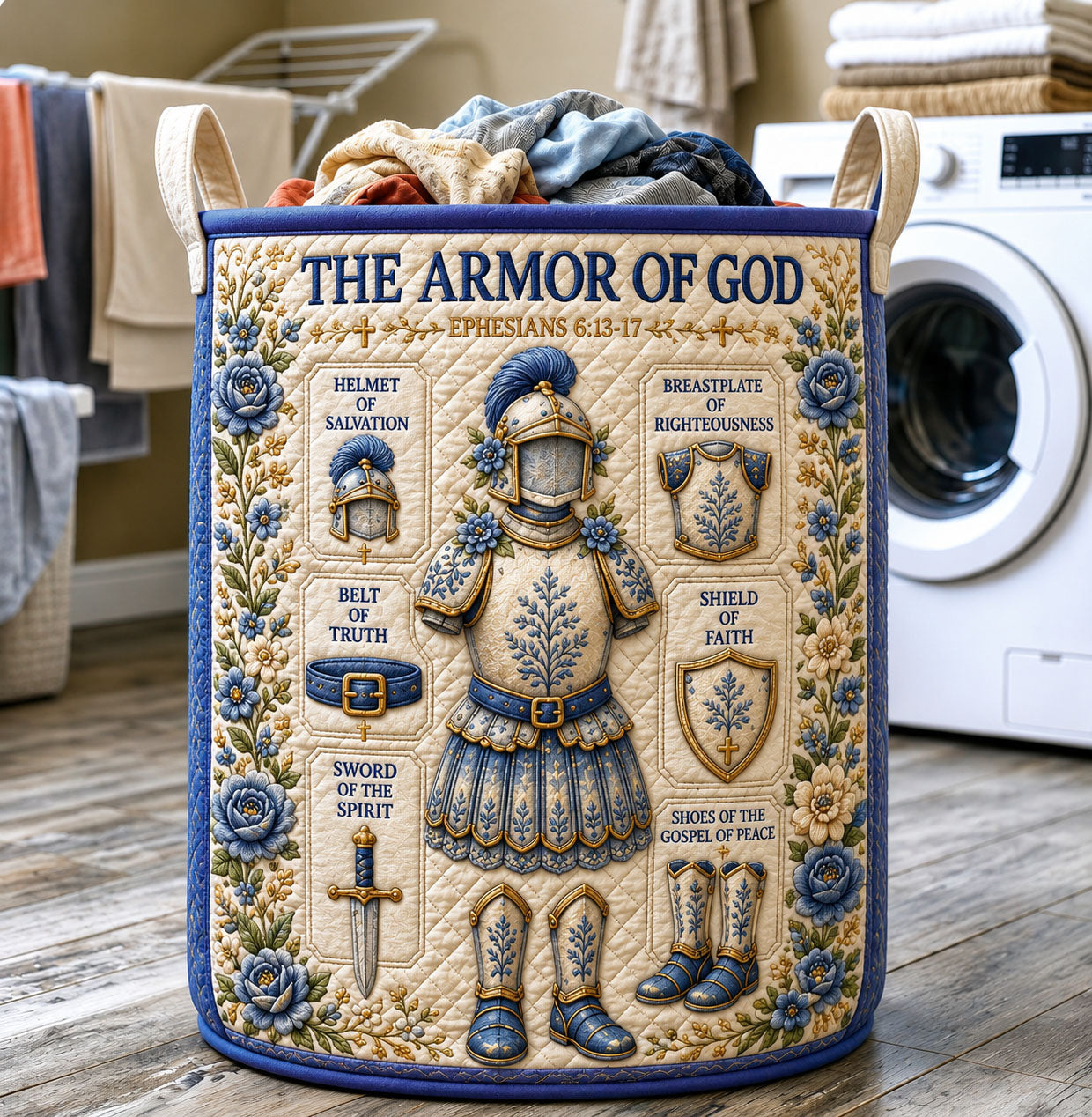 Blue Blossom Armor Of God Quilted Laundry Basket GFTOHNL1043