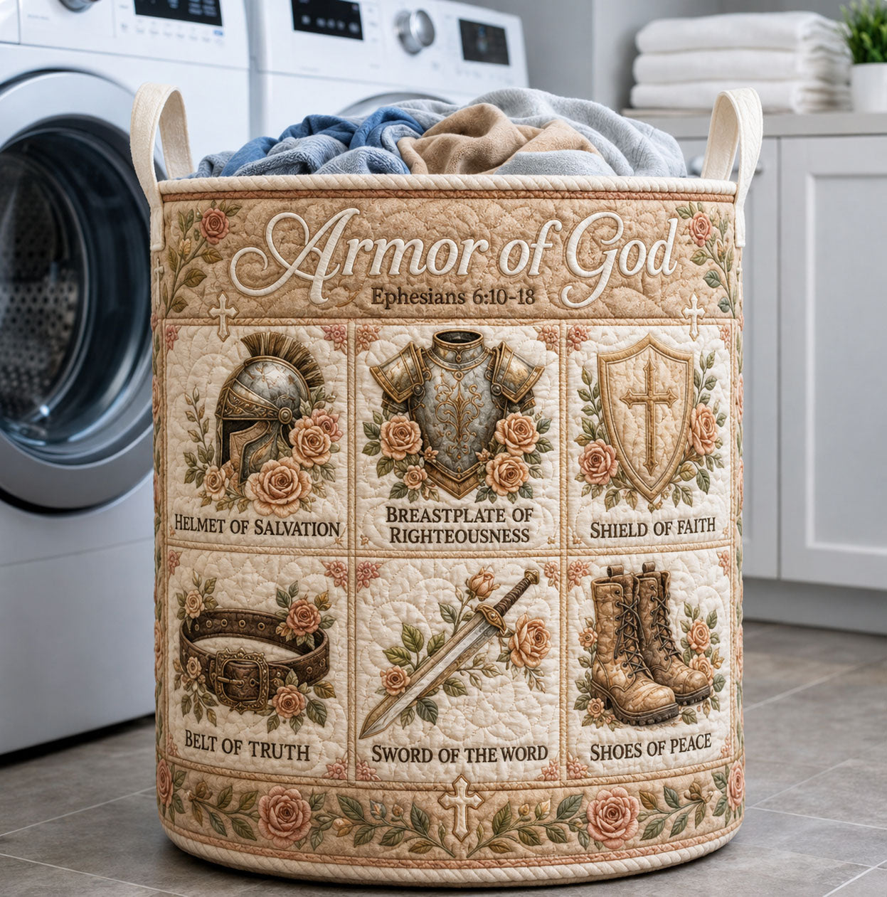 Heirloom Armor Of God Quilted Laundry Basket GFTOHNL1044
