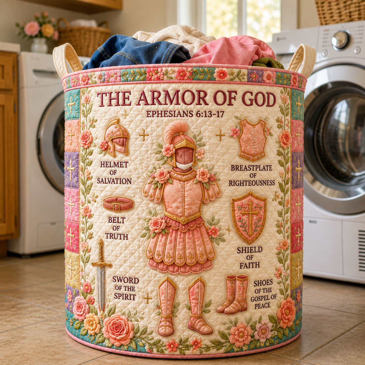 Pink Floral Armor Of God Quilted Laundry Basket GFTOHNL1046