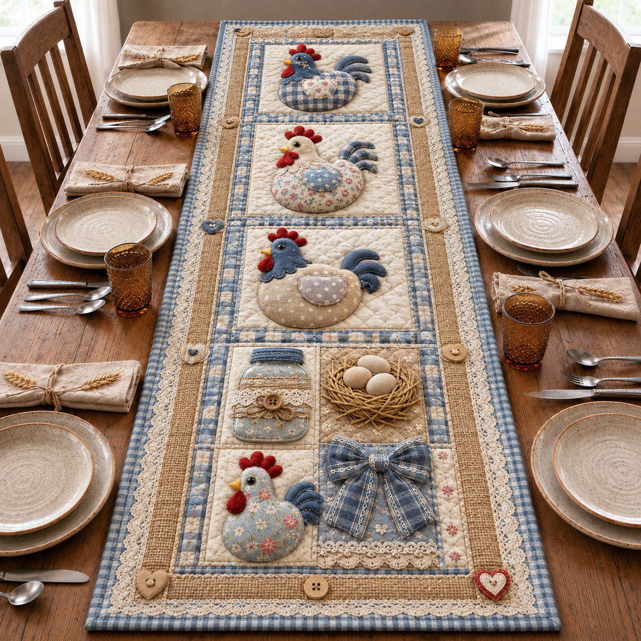 Blue Gingham Farm Rooster Patchwork Quilted Table Runner GFTOHNL1121