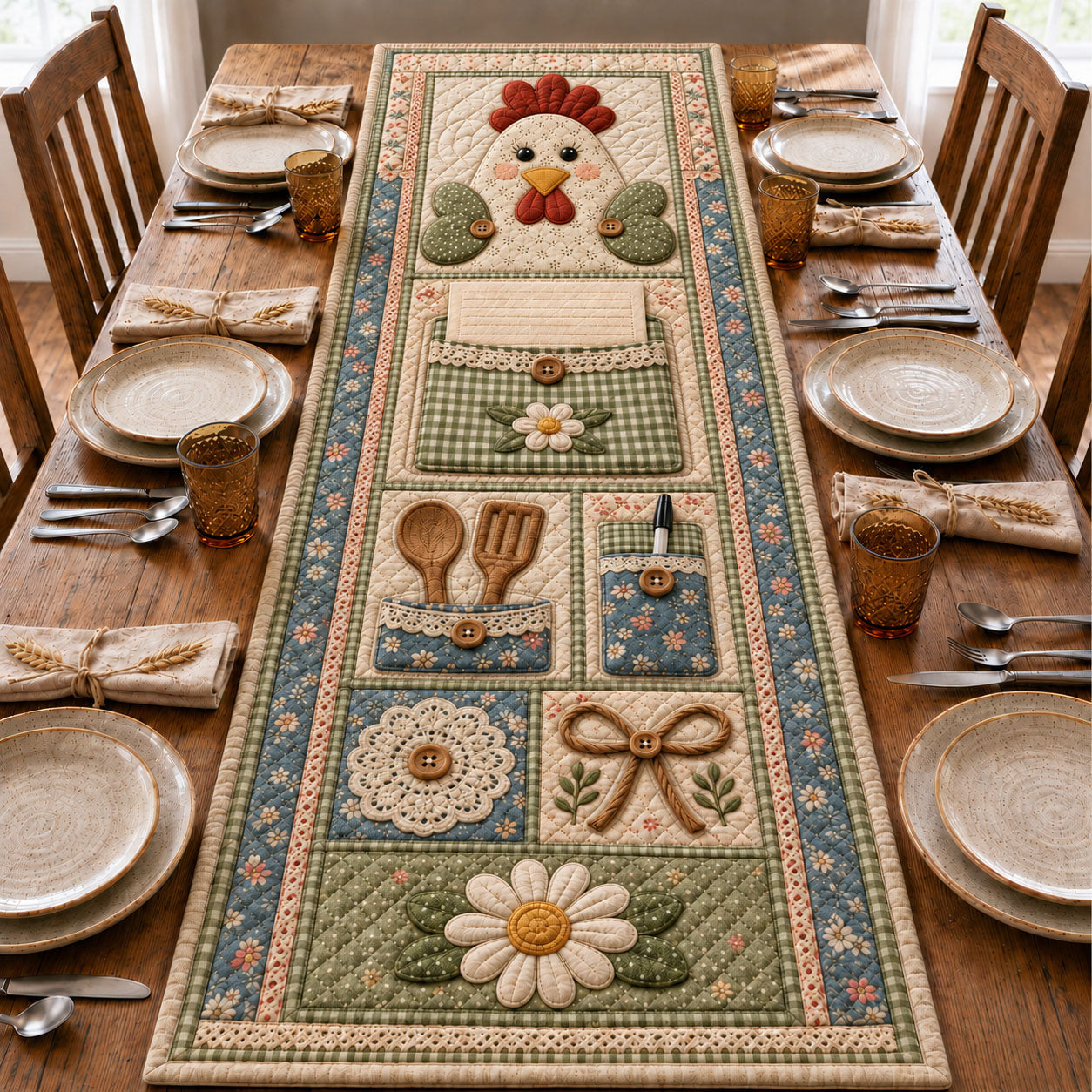 Country Hen Kitchen Pocket Quilted Table Runner GFTOHNL1122