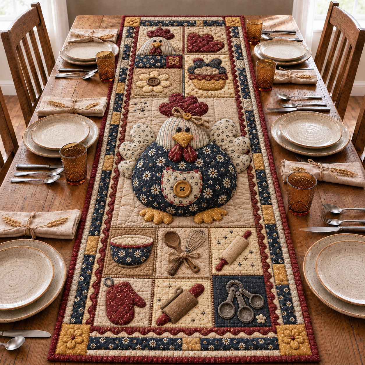 Vintage Hen Baking Patchwork Quilted Table Runner GFTOHNL1124
