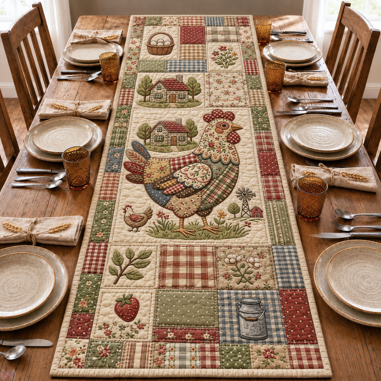 Farmhouse Floral Chicken Patchwork Quilted Table Runner GFTOHNL1126