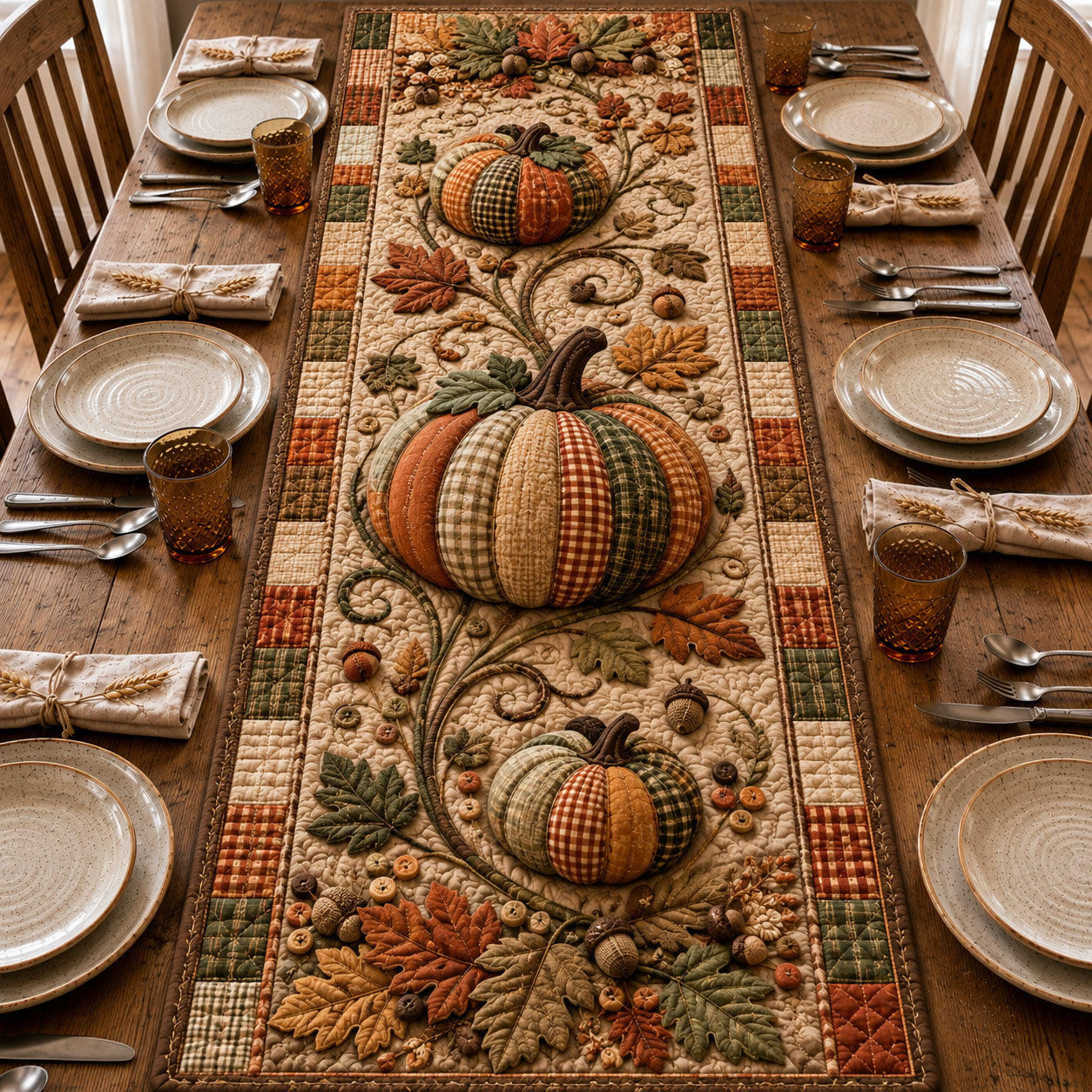 Rustic Plaid Pumpkin Vine Quilted Table Runner GFTOHNL1129