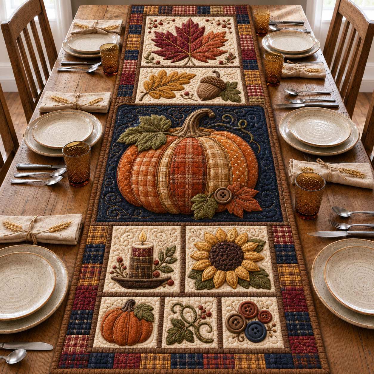 Navy Harvest Pumpkin Patchwork Quilted Table Runner GFTOHNL1130