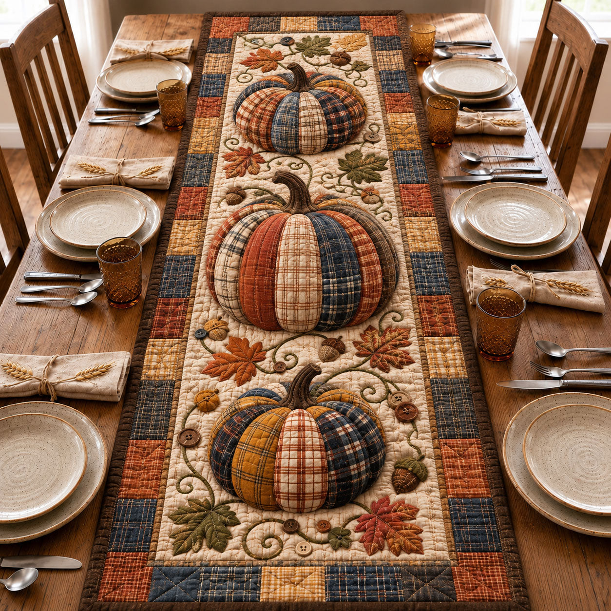 Country Plaid Pumpkin Trio Quilted Table Runner GFTOHNL1131