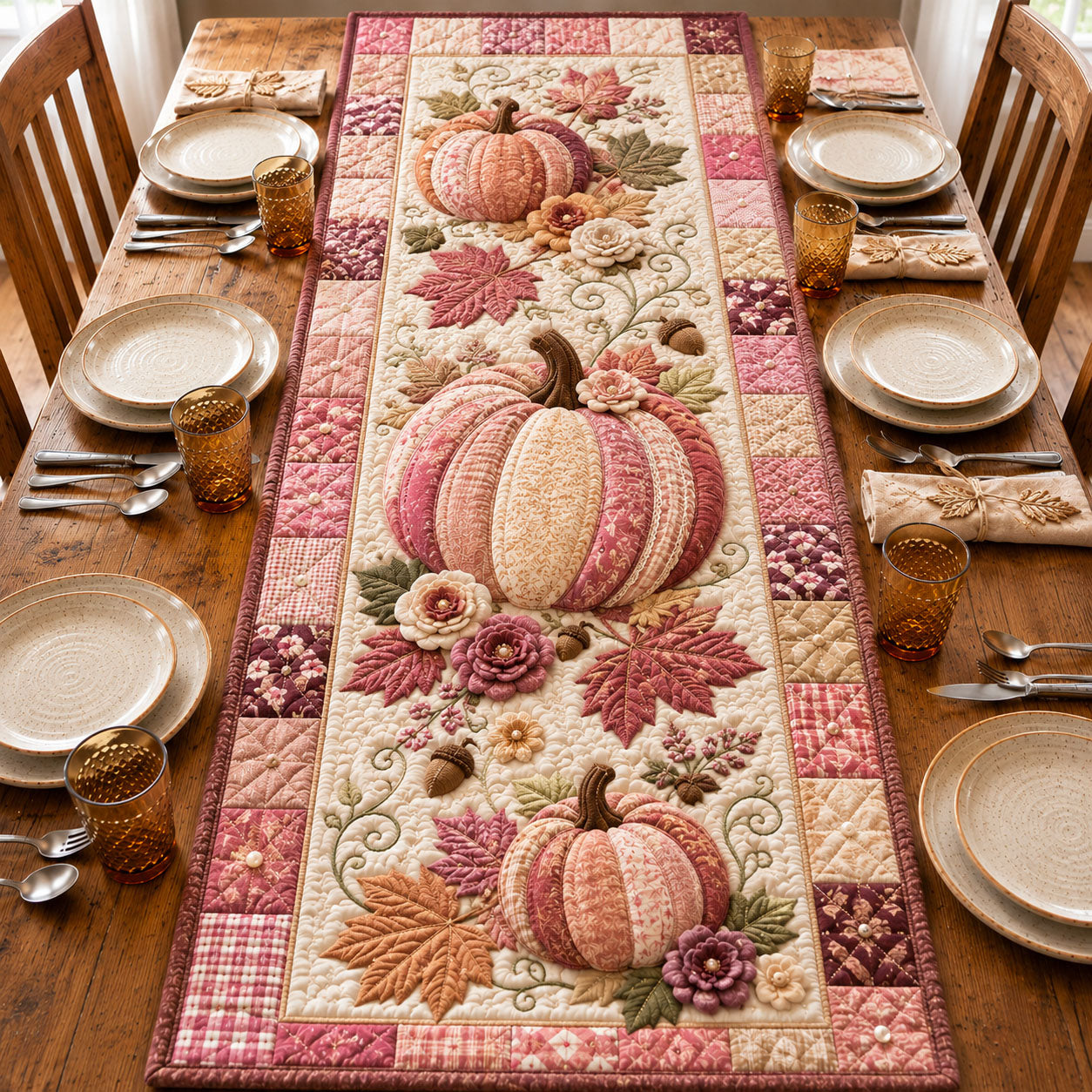 Blush Pink Pumpkin Floral Harvest Quilted Table Runner GFTOHNL1132