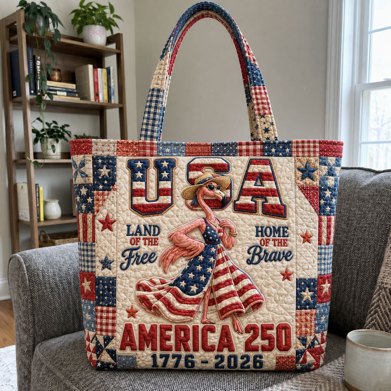 USA Land of the Free Flamingo Quilted Tote Bag GFTOHNL1134