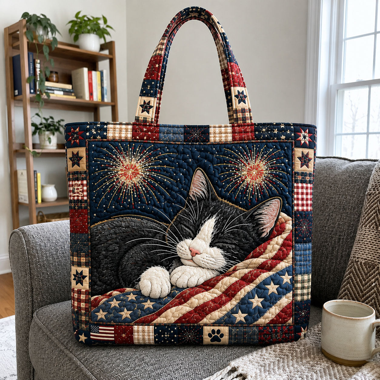 Sleeping Tuxedo Cat Fireworks Quilted Tote Bag GFTOHNL1214