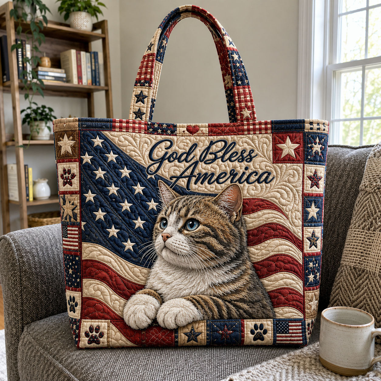 God Bless America Patriotic Cat Quilted Tote Bag GFTOHNL1215