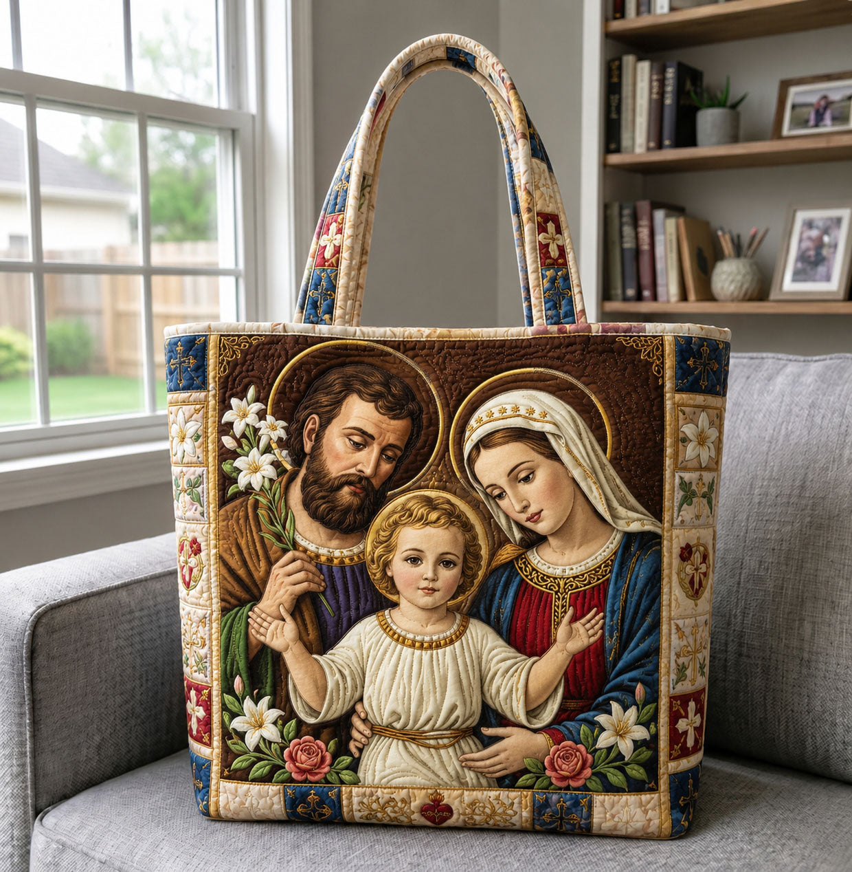 Classic Holy Family With Lilies Quilted Tote Bag GFTOHNL1373
