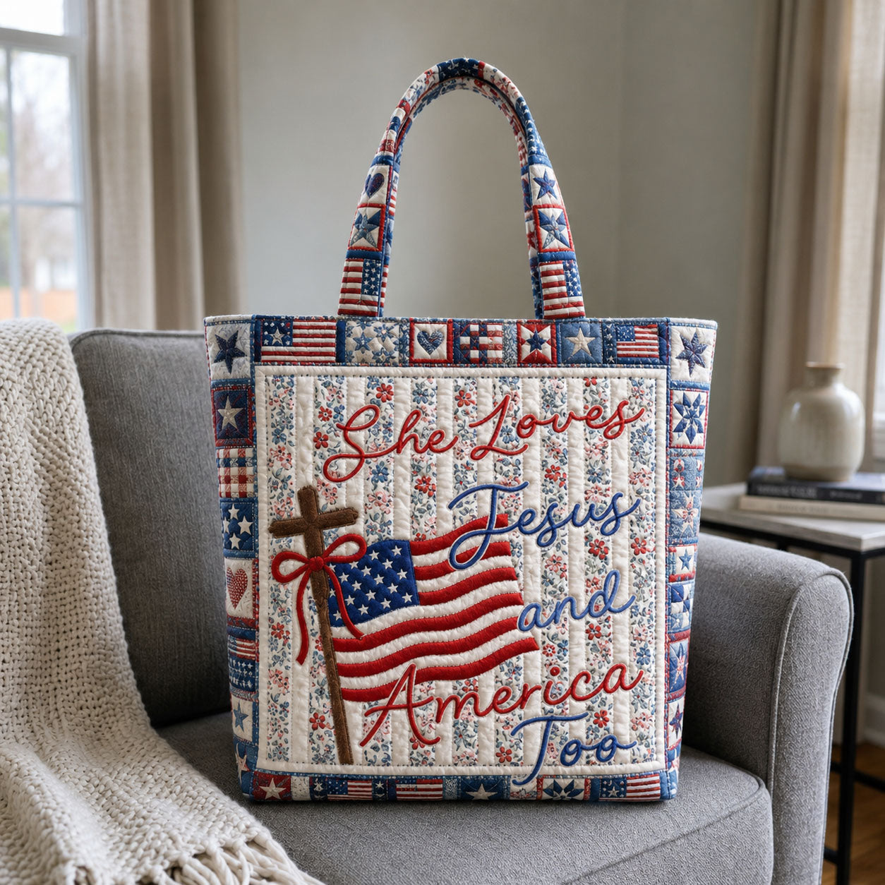 She Loves Jesus And America Too Cross Flag Patriotic Quilted Tote Bag GFTOHNL563