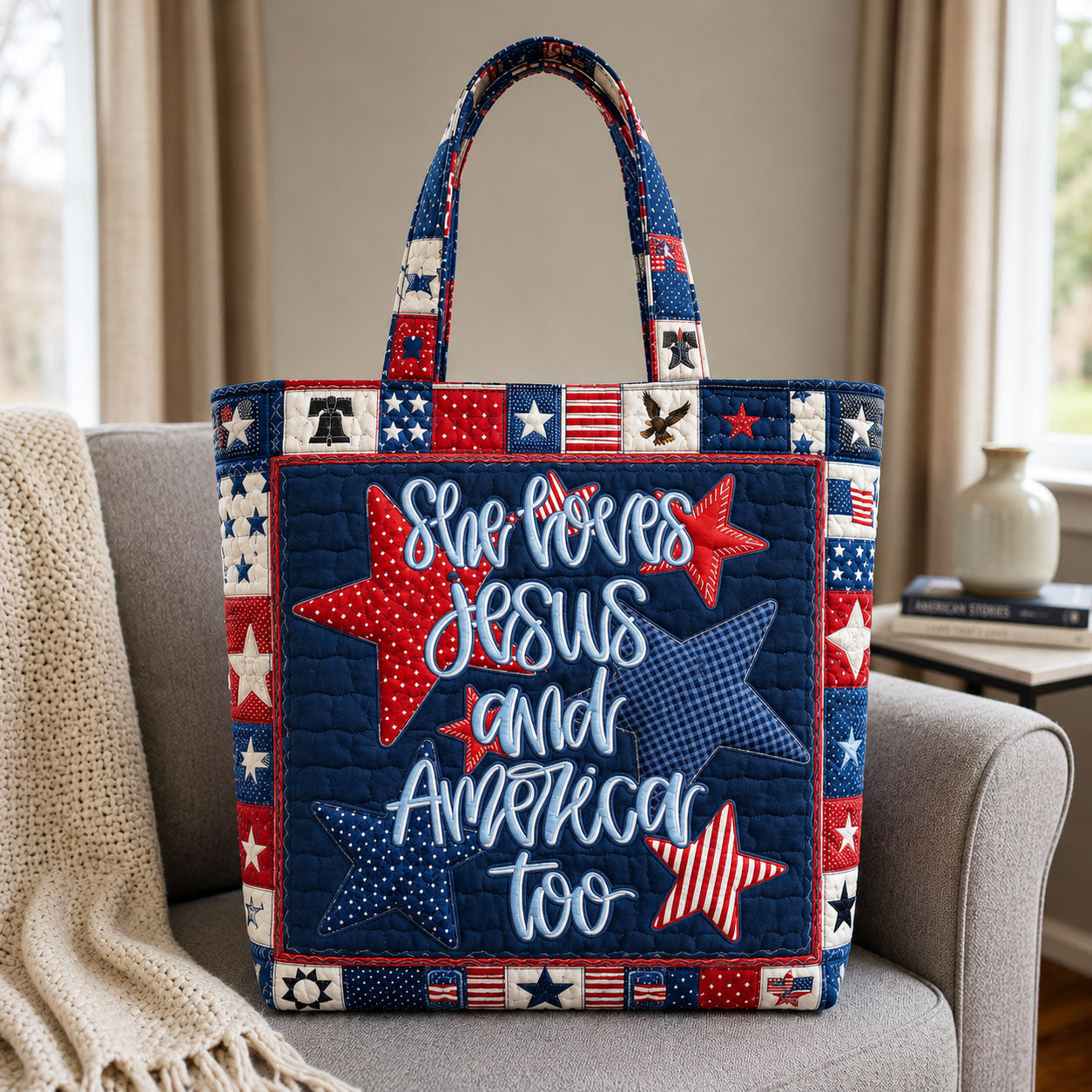 She Loves Jesus And America Too Patriotic Stars Patchwork Quilted Tote Bag GFTOHNL564