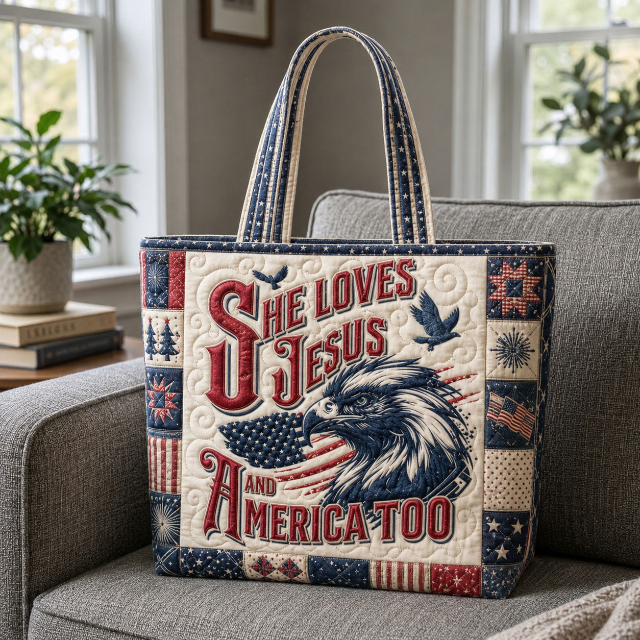 She Loves Jesus And America Too Eagle Americana Quilted Tote Bag GFTOHNL565